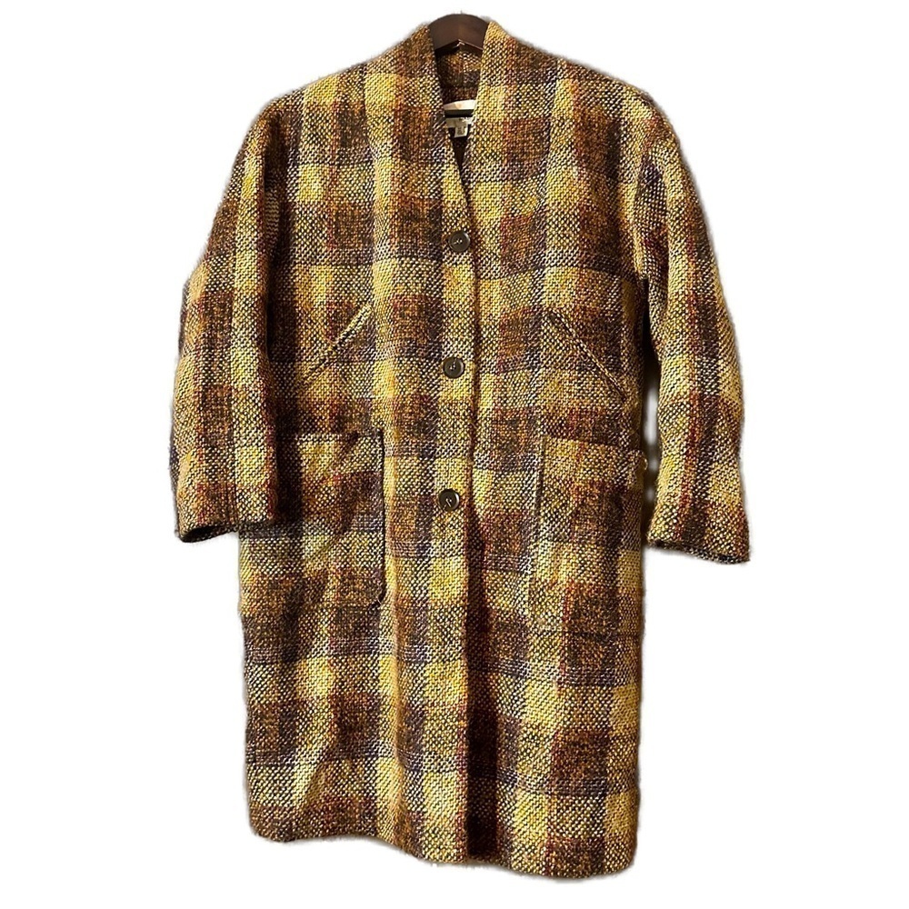The Korner Brown Tan Oversized Plaid Button-Up Trench Coat Jacket Size Small